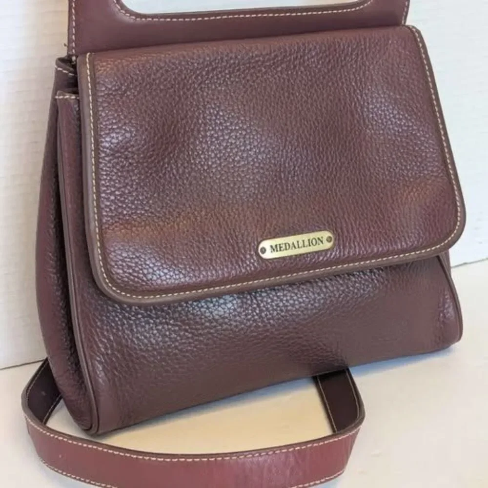 Maroon Medallion Thick Cut Leather Crossbody Bag Purse 10x9x3